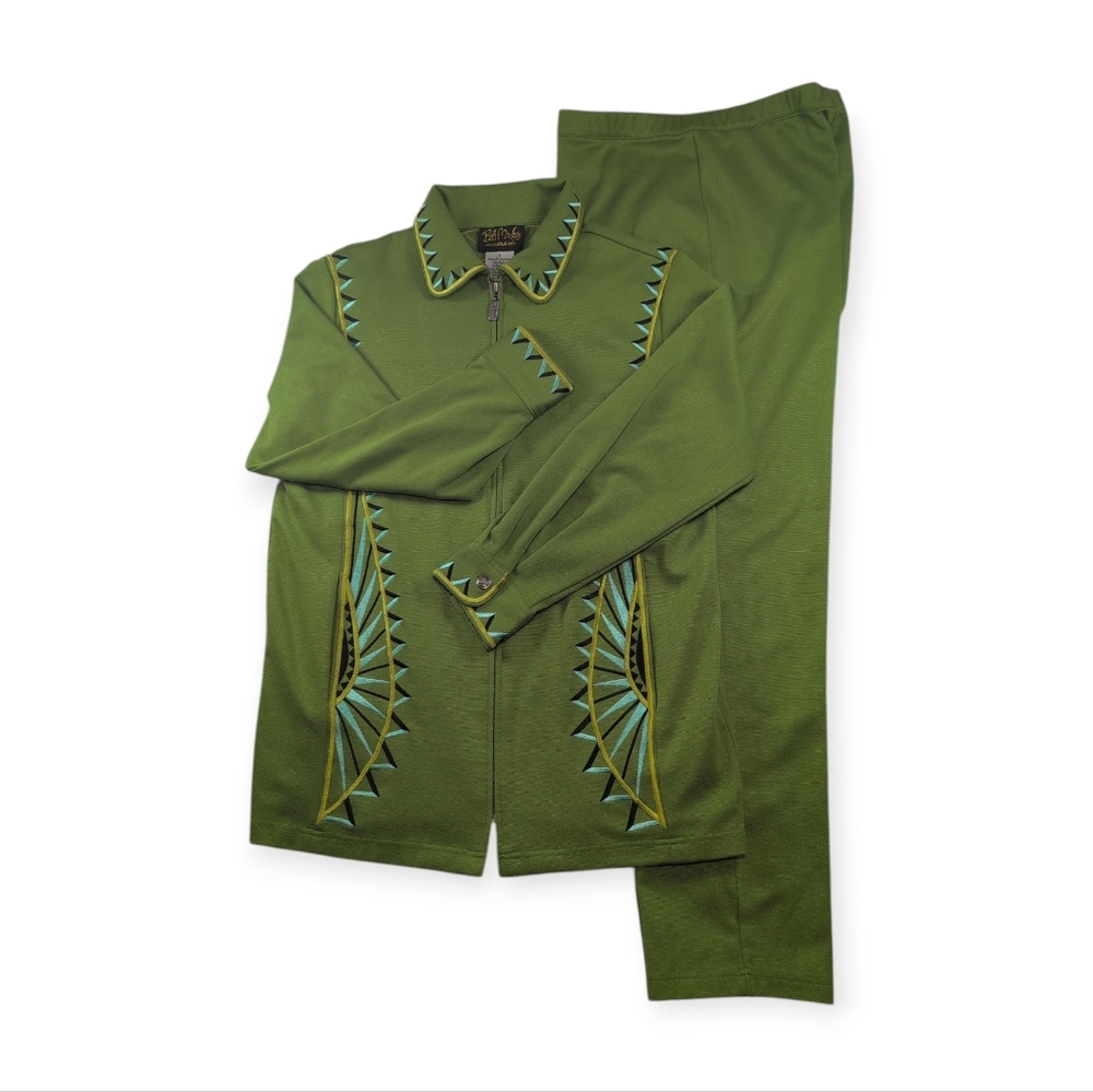 Bob Mackie Pantsuit Set Women's S Green Wearable Art Vintage Embroidered Aztec